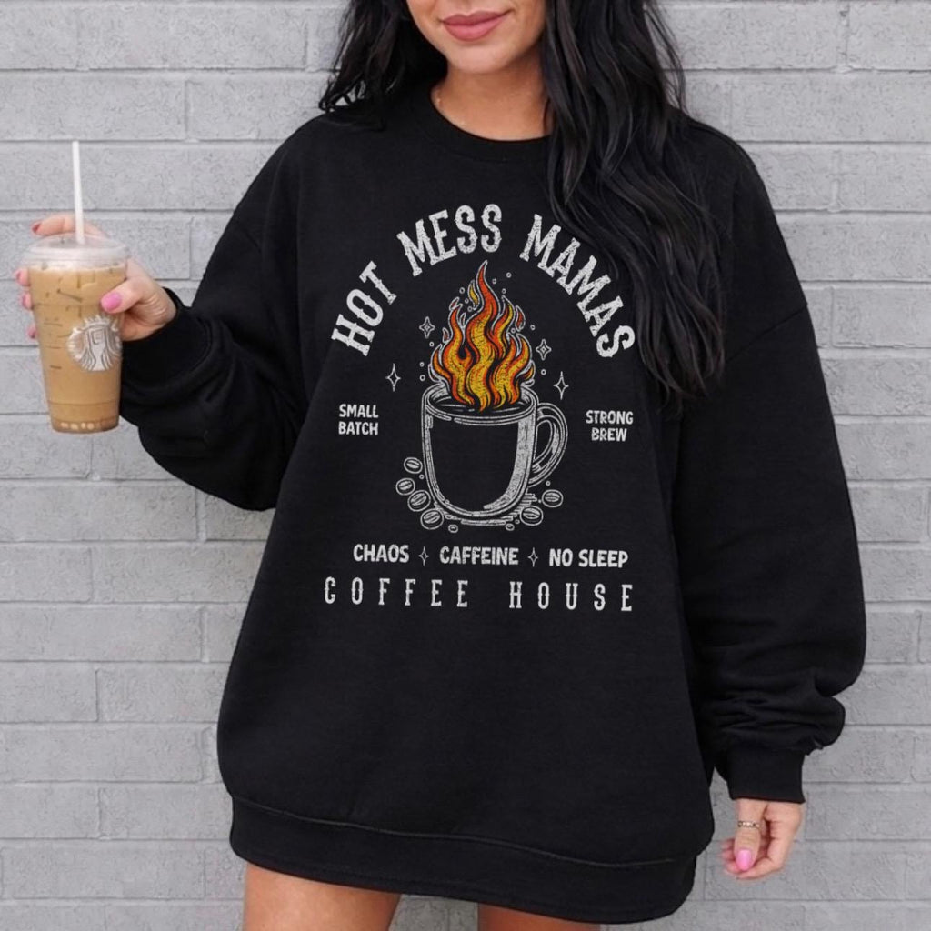 Hot Mess Mama Coffee House Sweatshirt | Mom Crewneck | Retro | Coffee Lover Gift | Alt Mama Graphic Pullover | Motherhood Shirt